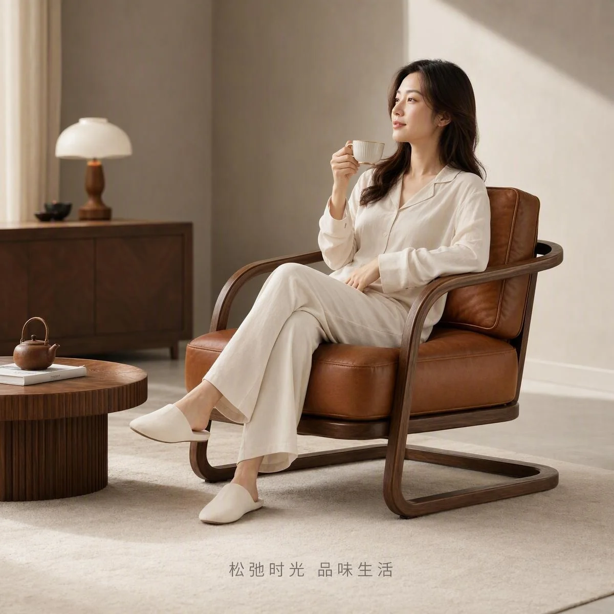 LOAFI MOXU 胡桃木真皮悬臂休闲椅 · 多角度展示